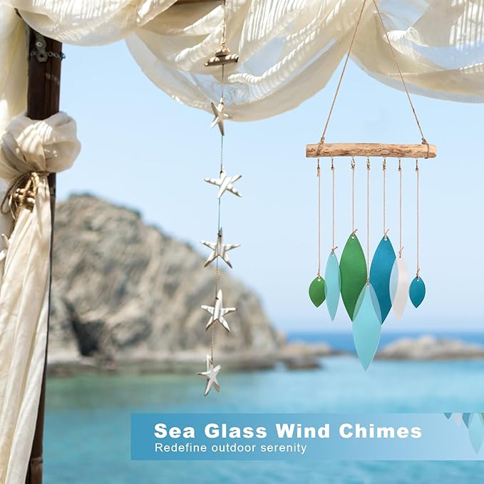 Sea Glass Wind Chimes Art Decor - Stained Glass Suncatcher Window Hanging, Driftwood Hand Crafted Design Beach Wind Chimes - Patio Garden Yard Decor Home Decor (Blue & Green)
