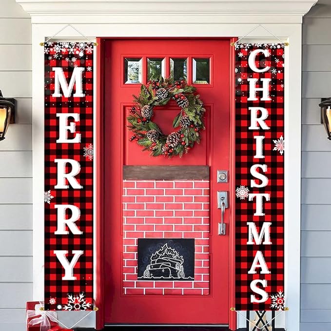 Ivenf Christmas Decorations Outdoor Yard Front Porch Sign Set, Red Black Buffalo Plaid Door Banner, Hanging Merry Christmas Decorations for Home, Indoor Outdoor Xmas Decor Wall Front Door Yard Garage