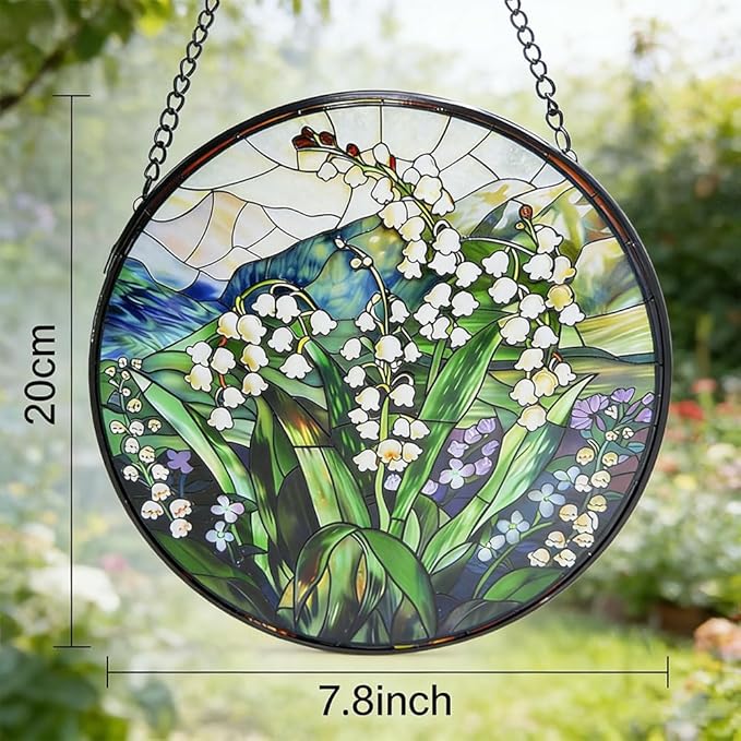Stained GlassLily of the Valley Suncatcher with Flowers and Green Leaves Window Hanging for Door Home Decor for Bird Lover Garden Gift for Valentine's Day Mother's Day Housewarming 7.8 in