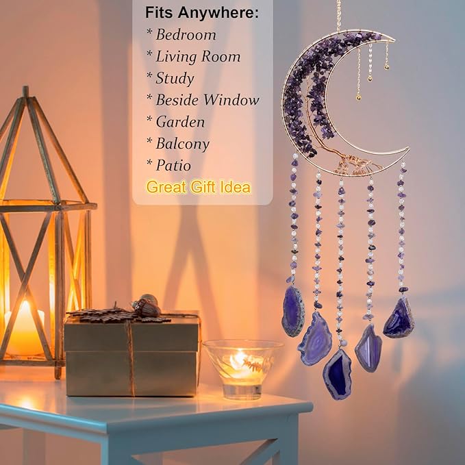Moon Wind Chimes With Amethyst Tree for Purple Room Aesthetic, Hanging Crystal Decor for Home Wall, Purple Bedroom for Women, Unique Gifts for Women or Teen Girls