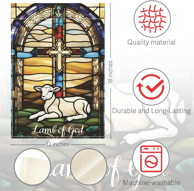 Lamb of God Easter Garden Flag Catholic Stained Glass Christian Easter Garden Flag Decor Spring Double Sided House Flag for Outside Yard Decorations 12×18 Inch