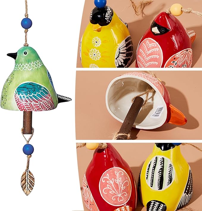 Ceramic Wind Chimes, Rustic Hand-Painted Outdoor Wind Chime with Bronze Bells and Jute Rope for Garden Patio Porch Backyard