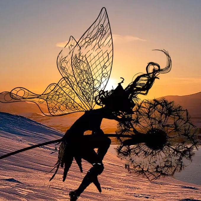 Flower Fairy Dancing with Dandelion, Fairy Garden Sculptures, Angel Metal Ornaments Gardens Art Sculpture, Stainless Steel Statue Garden Ornaments Art Decorations for Outdoor Yard Lawn Patio (G_flat)