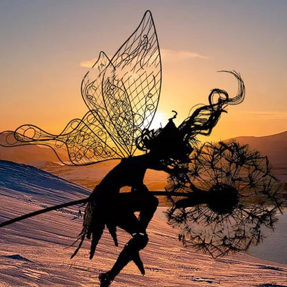 Flower Fairy Dancing with Dandelion, Fairy Garden Sculptures, Angel Metal Ornaments Gardens Art Sculpture, Stainless Steel Statue Garden Ornaments Art Decorations for Outdoor Yard Lawn Patio (G_flat)