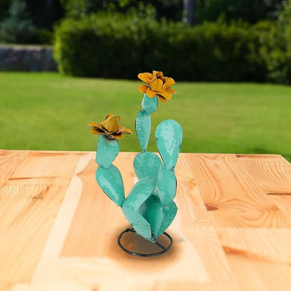 Metal Cactus Outdoor Decor - Iron Cactu Yard Art - Metal Plants Statue for Outdoors - Fake Cactus Rustic Artificial Cactus Sculpture for Garden Lawn Patio Balcony Backyard Decor 11.8" (Green)