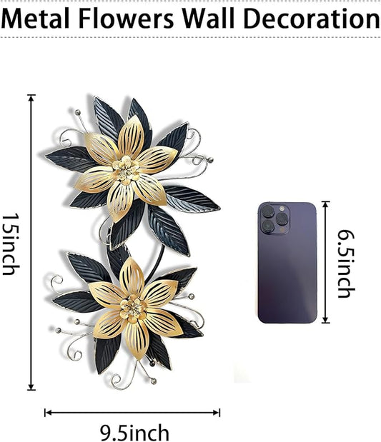 LIFFY Black Wall Decor,15" 3D Multi-layer Metal Flowers Wall Decor, Rustic Modern Floral Sculpture for Indoor Kitchen Bedroom Living Room Office Outdoor Garden Patio