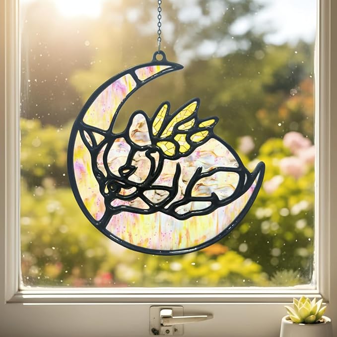 Moon Handmade Resin Suncatchers, Artisan Boho Sun Catcher Stained Glass Effect Window Hanging Garden Decor for Dog Lovers, Gift for Mother's Day Mom Grandma Wife Women