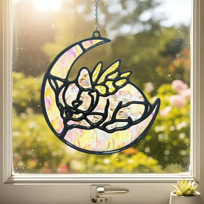 Moon Handmade Resin Suncatchers, Artisan Boho Sun Catcher Stained Glass Effect Window Hanging Garden Decor for Dog Lovers, Gift for Mother's Day Mom Grandma Wife Women