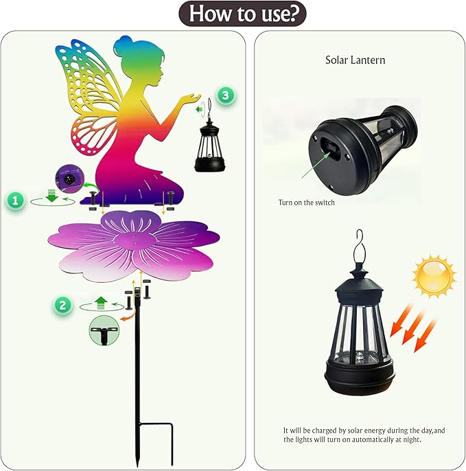 Rainbow Solar Fairy Garden Stake - 21" Iridescent Metal Fairy Silhouette with Warm LED Lantern, Waterproof Outdoor Decorative Light for Path, Yard, Flower Pot - Unique Gardening Gifts for Women/Mom