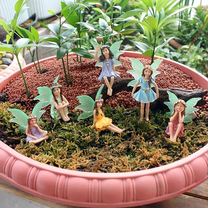 Fairy Garden Decor Fairy Door and Windows for Trees, Glow in The Dark Yard Sculpture Lawn Ornament Mini Garden Art Outdoor Decor Accessories with Lantern (6 Fairies)
