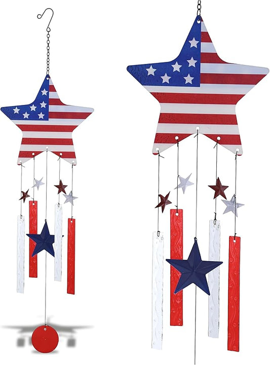 CoTa Global USA Flag Star Wind Chime - American Flag Patriotic Indoor or Outdoor Windchime Home Decor with Hanging Bells, Handcrafted Glass and Metal Wind Chimes for Yard, Garden, Porch - 28.7 Inches
