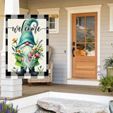 Welcome Spring Summer Gnome Garden Flag Colorful Floral Buffalo Plaid Garden Flags Small Burlap Lawn Seasonal Wildflowers Home Flags Outside Yard 28x40 Inch Double Sided (RMQ-198D, 28"X40")