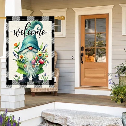 Welcome Spring Summer Gnome Garden Flag Colorful Floral Buffalo Plaid Garden Flags Small Burlap Lawn Seasonal Wildflowers Home Flags Outside Yard 28x40 Inch Double Sided (RMQ-198D, 28"X40")