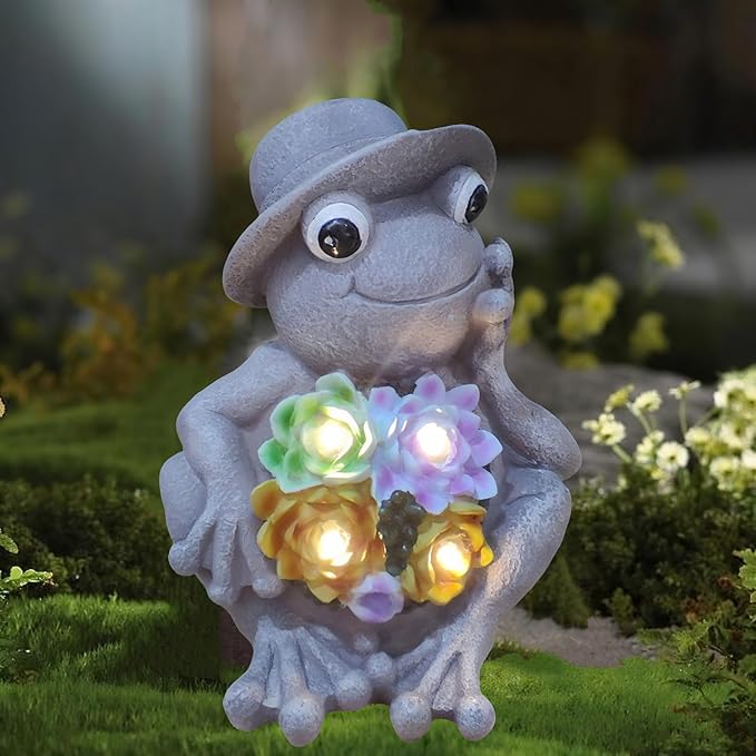 GUCHO Garden Frog Flower Statue with 4 Solar Lights,Outdoor Frog Figurine Lights, Garden Decorations for Outside,Unique Gifts for Women Men Nature Lovers
