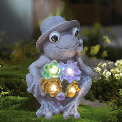 GUCHO Garden Frog Flower Statue with 4 Solar Lights,Outdoor Frog Figurine Lights, Garden Decorations for Outside,Unique Gifts for Women Men Nature Lovers
