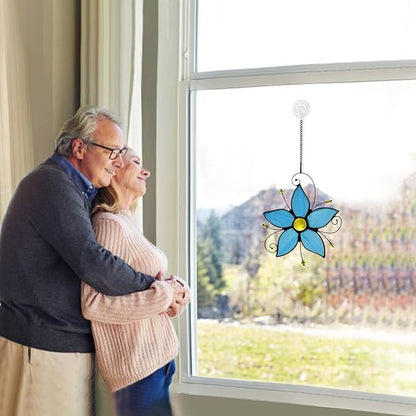 Stained Glass Window Hanging Flower Ornaments,Forget Me Not Blue Flower Suncatcher for Window, Home Decor of Living Room, Gift for Women Valentine's Day & Birthday & Christmas.