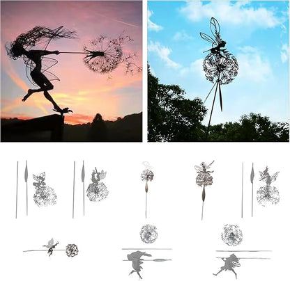 Flower Fairy Dancing with Dandelion, Fairy Garden Sculptures, Angel Metal Ornaments Gardens Art Sculpture, Stainless Steel Statue Garden Ornaments Art Decorations for Outdoor Yard Lawn Patio (D)