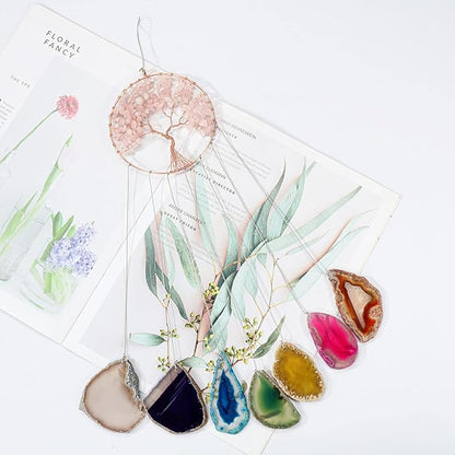 Yoption Rose Quartz Tree of Life Memorial Wind Chime, Natural Crystal Agate Slices Windchimes for Indoor Outdoor Decoration Ornament, 15.7-17.7 inch