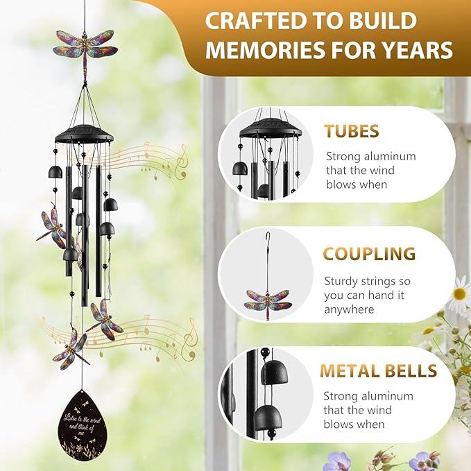 Dragonfly Wind Chime for Outside, Alloy Material Windchimes Outdoors, Fun Black Wind Chimes, for Outdoor, Garden, Yard, Patio Decoration, Gifts for Mom Neighbor Friend Unisex, Valentine's Day Gifts