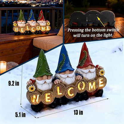 Garden Gnomes Solar Powered Welcome Statue, Outdoor Patio Yard Decor, Durable Resin, for Mom/Grandma, Anniversary & Easter Gifts for Women/Grandkids, Perfect for Spring Gardening