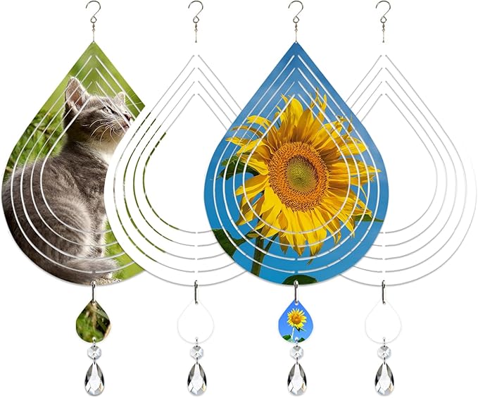 4Pack 10inch Sublimation Wind Spinner Blanks 3D Aluminum Metal Wind Sculpture Kinetic Spinners for Yard and Garden Indoor Art Ornaments Hanging Decoration (Water Drop)