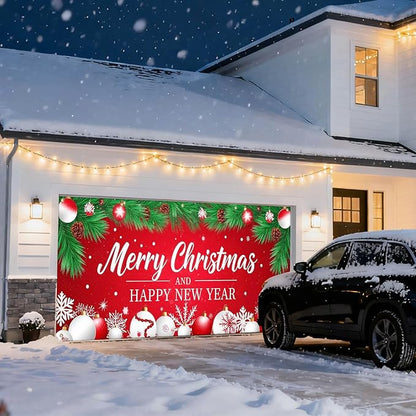 IVN Christmas Garage Door Cover Decoration 13x6ft Red Background Pine Needles White Baubles Snowflakes Merry Christmas Winter Garage Door Banner Home Door Front Yard Decor for Xmas Eve Holiday Outdoor