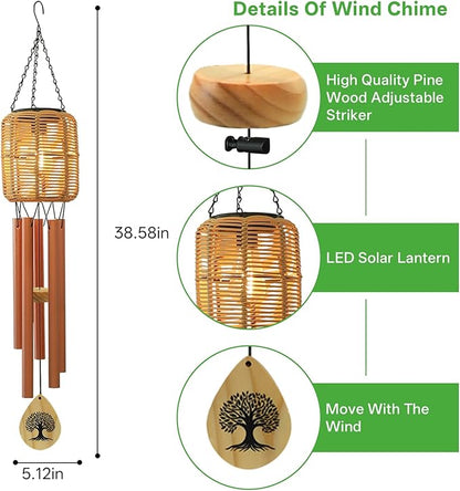 Solar Wind Chimes with Rattan Lantern Outside Lighted Wind Chime for Garden, Patio, Yard – Decor for Festivals/Birthday/Christmas, fot Women Men Home Garden Patio Decor