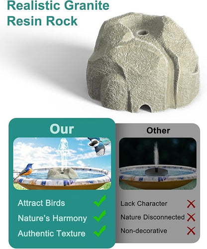 Solar Fountain for Bird Bath with Dry Run Protection Solar Powered Bird Bath Pump with 10 Nozzles,Resin Granite Rock Bird Fountain for Outdoor Water Features,Ponds,Can Cloudy Day Use（White）