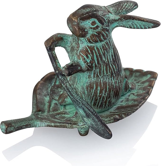 SPI Home 41044 Weathered Teal Grey Rowing Rabbit on Leaf 3 x 4 Aluminum and Iron Outdoor Garden Figurine Statue Sculpture