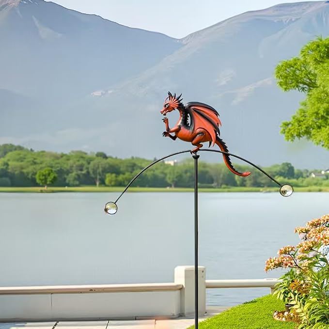 Outdoor Metal Dragon Garden Balancer Yard Art 53" H, Artisam Crafted Decorative Iron Stakes Gifts for Dragon Enthusiast, Animal Balancing Statue for Court Patio Exterior Space Decor