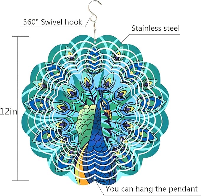 Peacock Metal Wind Spinner Outdoor 12 Inch 3D Hanging Wind Spinner for Outdoor & Indoor Decor, Garden Yard & Porch Ornament, Unique Kinetic Sculpture Gift for Women - Christmas Thanksgiving Decoration