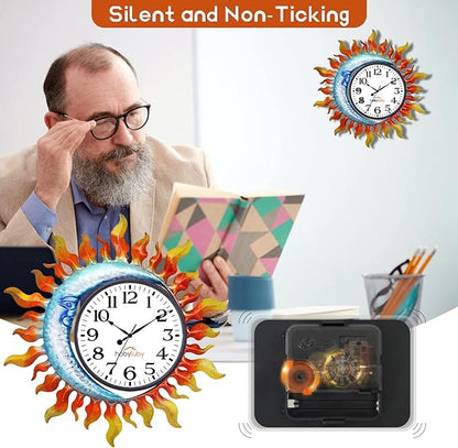 Outdoor Clock，Sun-Moon Outdoor Wall Clock Silent Non-Ticking，Indoor Outdoor Clock for Patio, Living Room,Home Decor