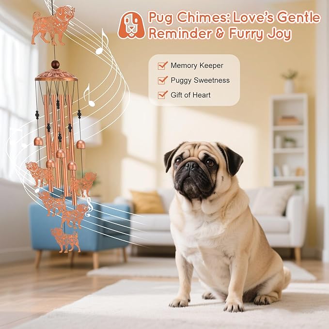Pug Wind Chimes for Outside Metal Windchimes Pug Gifts for Women Men Garden Decor for Patio Yard Memorial for Dog Lovers