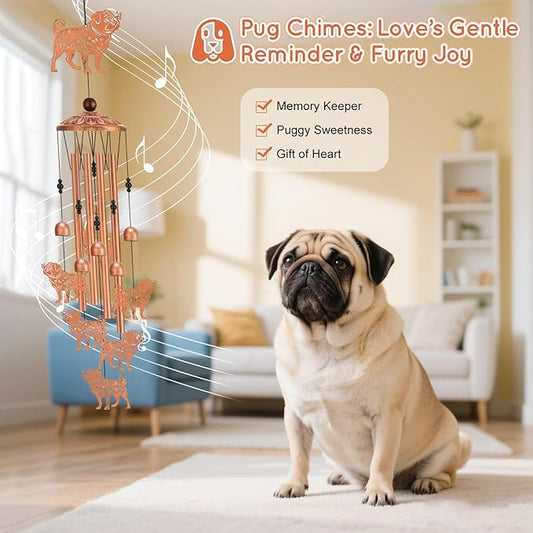 Pug Wind Chimes for Outside Metal Windchimes Pug Gifts for Women Men Garden Decor for Patio Yard Memorial for Dog Lovers