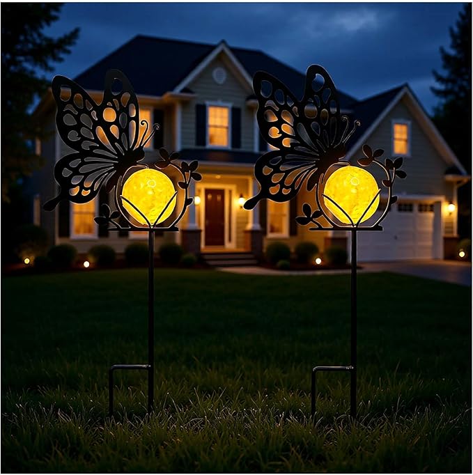 Butterfly Solar Lights Outdoor Decorations, 2 Pack Metal Iron Solar Stake Lights for Yard, Garden, Lawn Decor