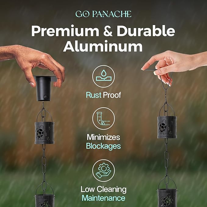 8.5 FT Rain Chain with 12 Aluminum Cups | Durable Rain Chains for Gutters - Easy Install, Rust-Proof Rain Catcher Chains for Outside with Included Gutter Adapter, Unique & Artistic Design