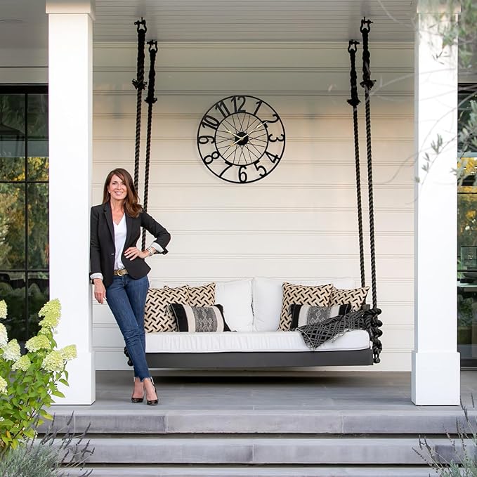 Large Outdoor Clock Battery Operated Silent, 24 Inch Modern Black Metal Wall Clock for Patio, Pool Area, Kitchen, Garden, Deck, Farmhouse, Living Room Decor