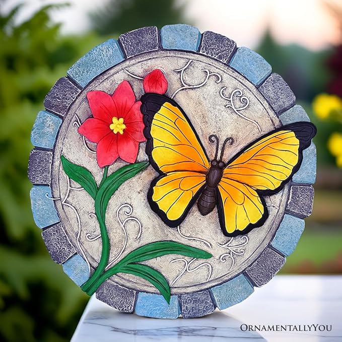 OrnamentallyYou Elegant Resin Stepping Stone, Outdoor Garden Pathway Decoration (Colorful Moments Bloom Stepping Stone, 9.5" Butterfly Garden Decorative Figurine)