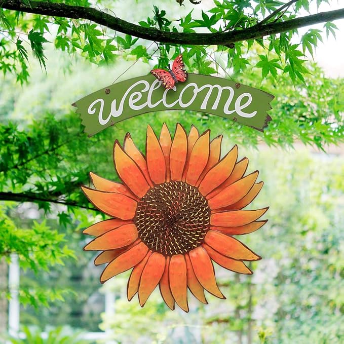 Welcome Sign Metal Hanging Sunflower Signs for Front Door Porch Wall - Rustic Decorative Door Hanger Indoor Outdoor Spring Decoration Wreath Decor (D)
