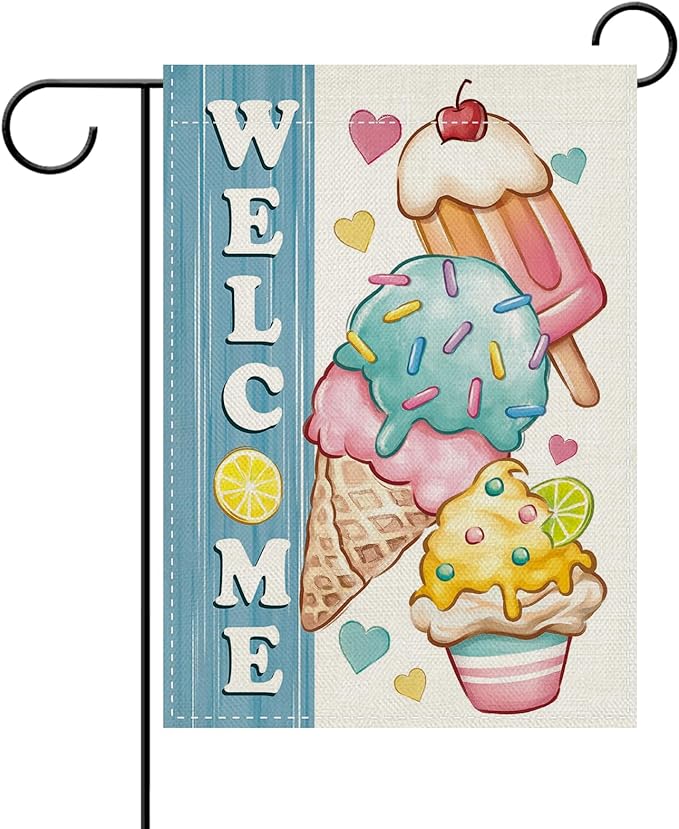 Dyrenson Welcome Summer Ice Cream Decorative Garden Flag, Sweet Popsicle Love Hearts Yard Outside Home Decoration, Farmhouse Burlap Outdoor Small Decor Double Sided 12 x 18