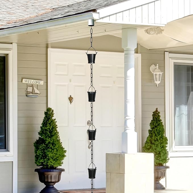 Invech 12.5FT Adjustable Rain Chains for Gutters, Outside Rain Chains with 12 Cups, Bucket Shape Rain Catcher Chain for Eaves Drainage, Replacement for Downpout