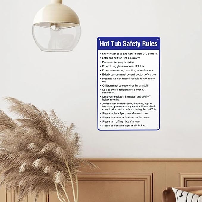 Aluminum Warning Sign, Hot Tub Safety Rules, Pool Sign, Vintage Style, Silver, 8 X 12 Inches