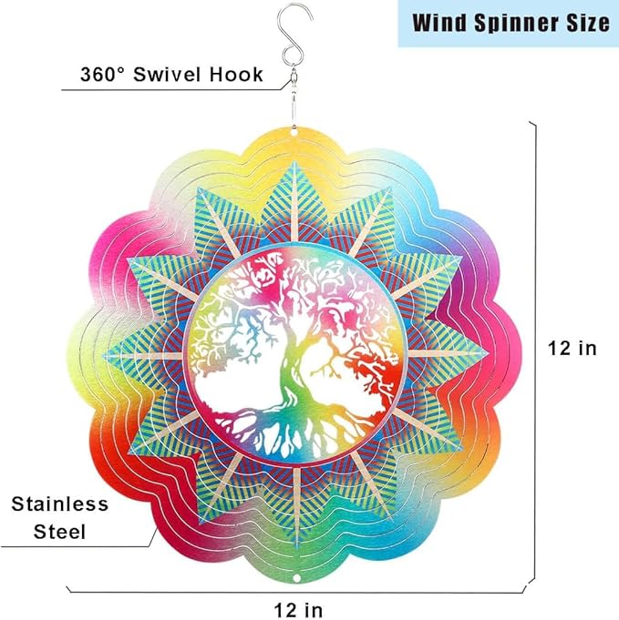 Wind Spinners Outdoor Garden Decor, 12In Stainless Steel Spinfinity Wind Spinner, Wind Chimes for Outside, 3D Kinetic Hanging Sculpture Suncatcher, Metal Yard Art Ornament, Tree of Life Decor