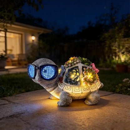 Solar Garden Outdoor Statues with Succulent and 7 LED Lights - Lawn Decor Tortoise Statue for Patio, Balcony, Yard Ornament - Unique Housewarming Gifts (Gray Turtle)