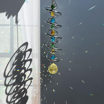 FONMY Gazing Ball Spiral Tail -Decorative Wind Spinner Sun Catcher Rainbow Maker Double-Spiral W/Golden Crystal Ball and Chain Crystals for Indoor Outdoor Garden Decoration -14 inch Height