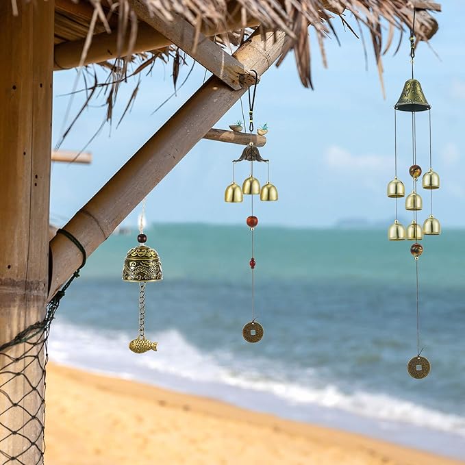 Jetec 3 Pcs Feng Shui Wind Chimes Chinese Bells Hanging Metal Bell Vintage Dragon Fish Feng Shui Chime and 3, 6 Bells Wind Chime for Good Luck Indoor Outdoor Temple Home Garden Decoration