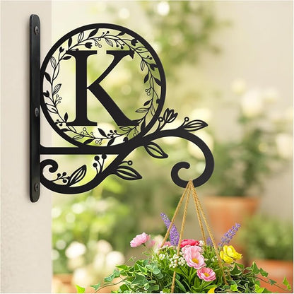 Personalized Initial Metal Plant Hanger Bracket, Decorative Wall Mount Hanging Plant Hook, Monogram Floral Leaf Garden Stake for Hanging Baskets Bird Feeders Lanterns Wind Chime (K)