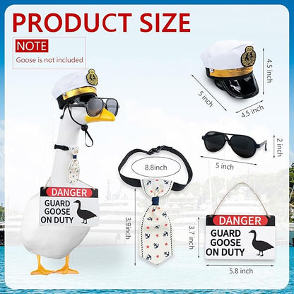 CAMDUCK 4 Pcs Porch Goose Accessories Porch Geese Sign Goose Navy Hat Eyeglasses Necktie Wooden Danger Guard Goose on Duty Warning Sign Geese Outfits Decor for Yard Porch Lawn