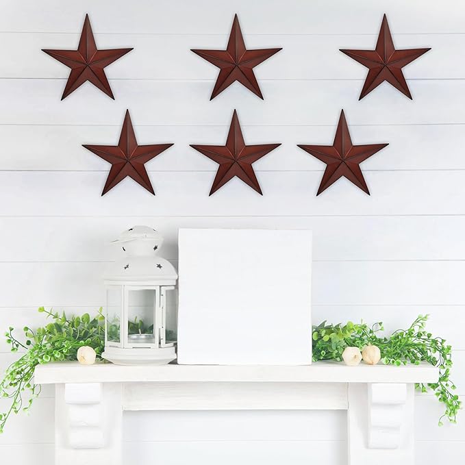 VIVICOMFY 6"（6pieces Red Black Barn Star Texas Stars Art-Metal Stars for Outside Rustic Vintage Western Wall Decor Country Home Farmhouse Wall Decorations