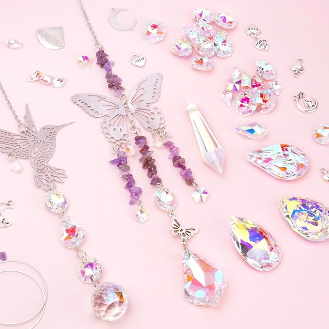 400Pcs Sun Catchers DIY Making Kit for Adults Arts and Crafts Crystal Suncatcher Hanging Prism Rainbow Maker for Indoor Window Garden Christmas Decor Hummingbird